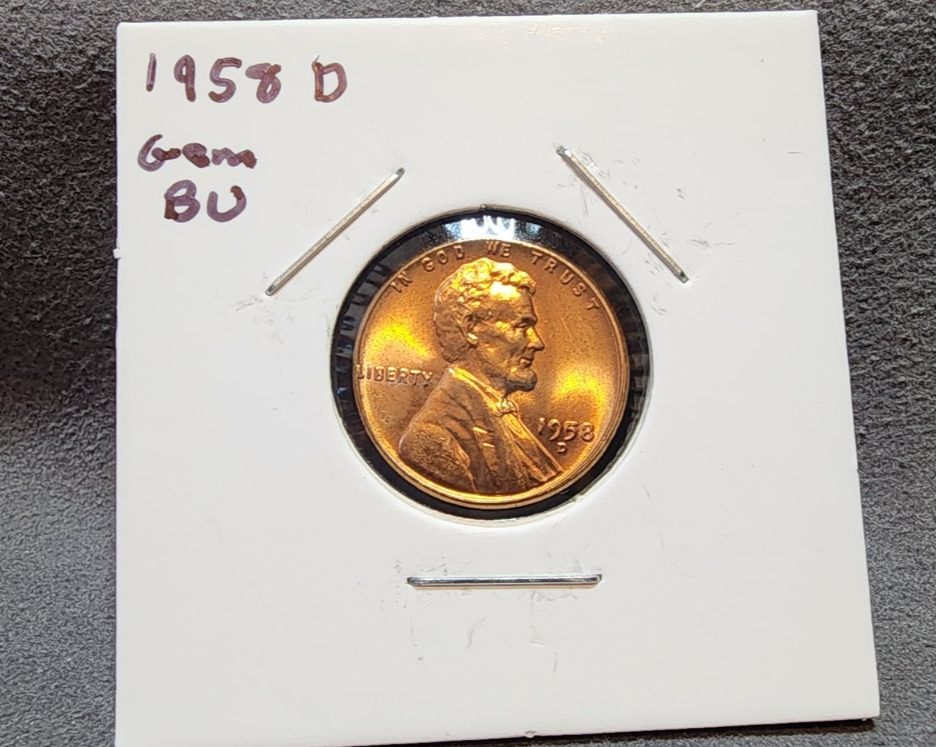 1958 D GEM BU Lincoln Wheat Cent Red Shiny UNCIRCULATED Coin0