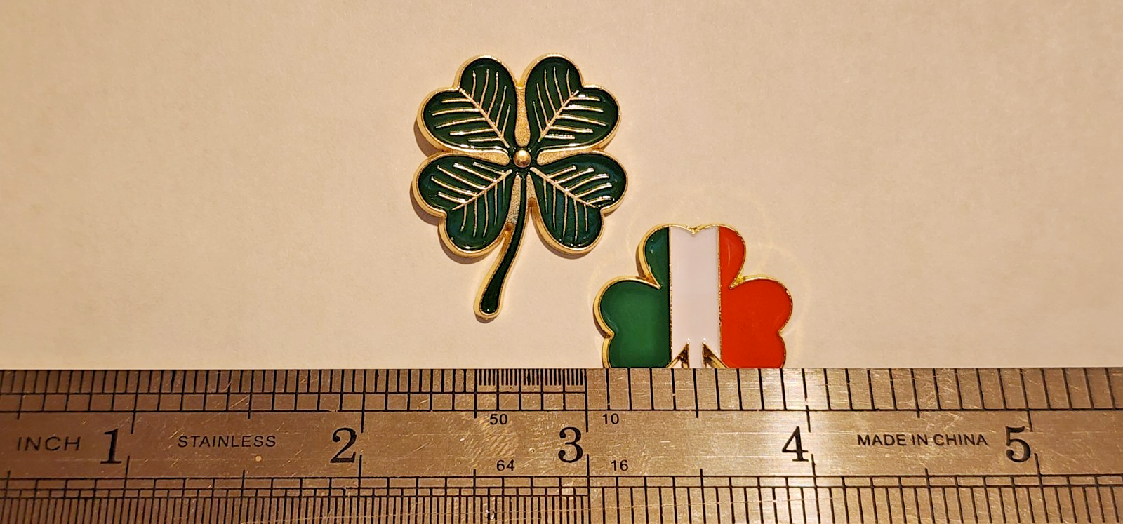 Set Of Two Four (Green/Gold) Leaf and Three (Flag Colors) Leaf Clover Lapel Pins1